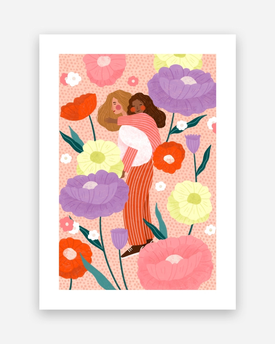 Embrace in Bloom poster with a white border, unframed on a light gray background