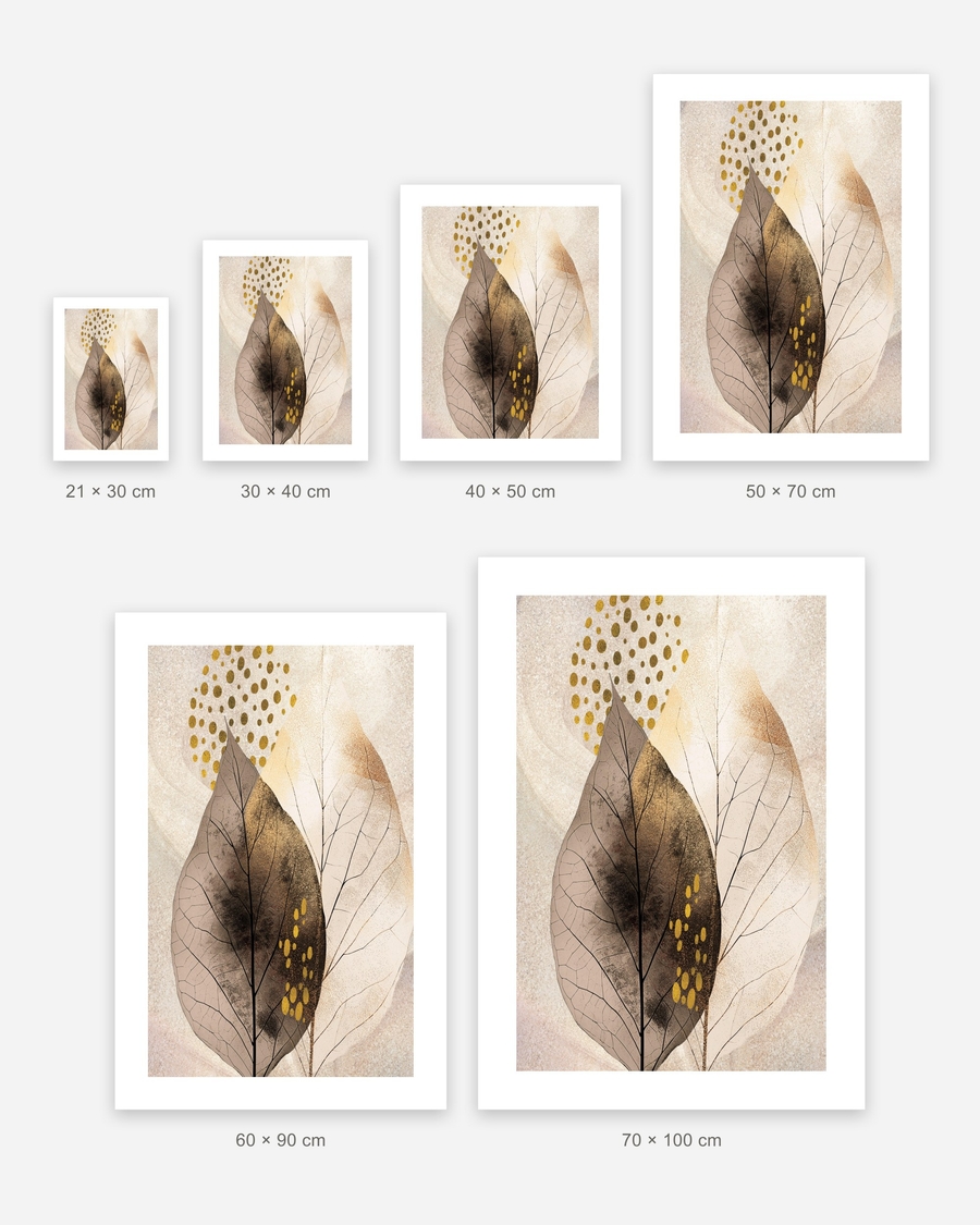 Gilded Leaf Study poster in 6 sizes, shown to scale: 21 × 30, 30 × 40, 40 × 50, 50 × 70, 60 × 90 and 70 × 100 cm