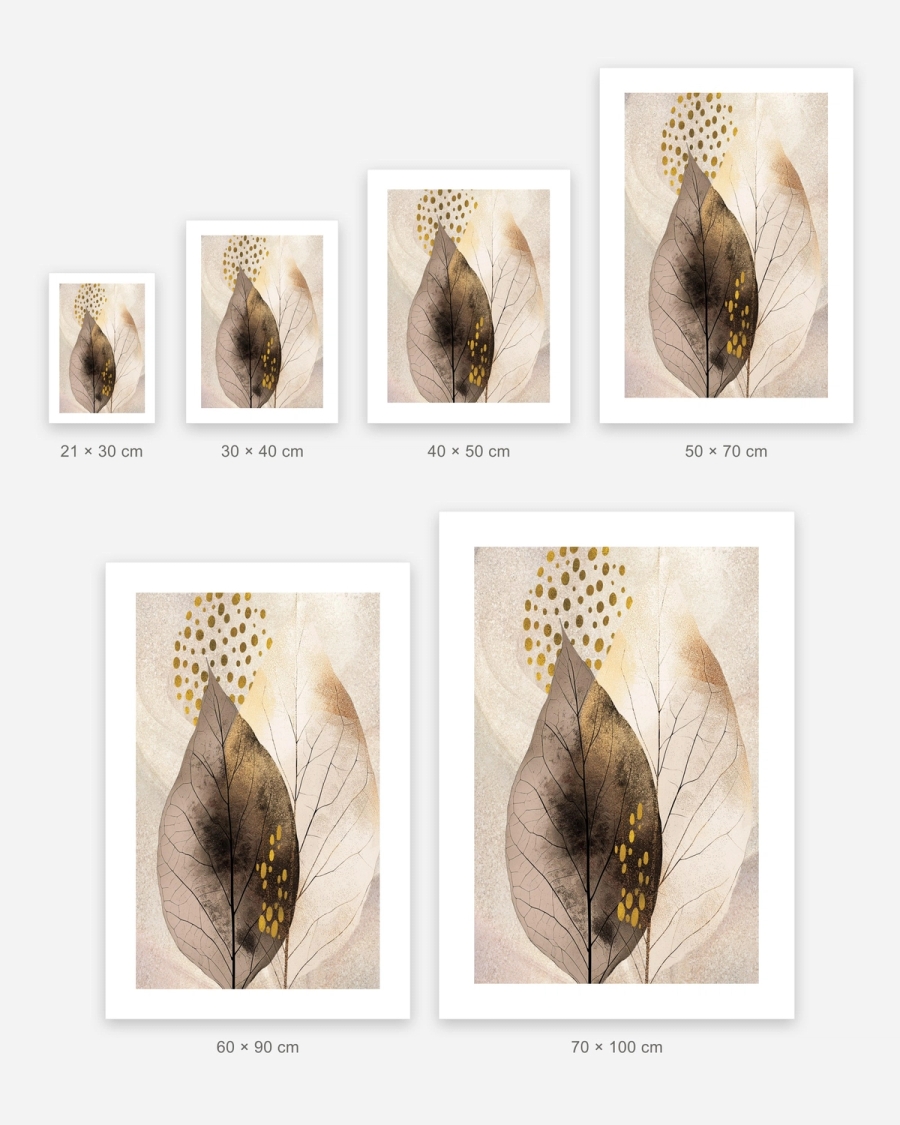 Gilded Leaf Study poster in 6 sizes, shown to scale: 21 × 30, 30 × 40, 40 × 50, 50 × 70, 60 × 90 and 70 × 100 cm