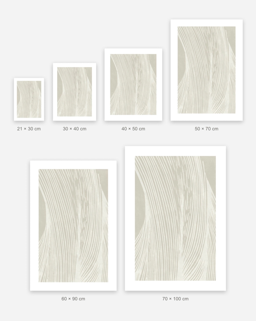 Sand Ripples poster in 6 sizes, shown to scale: 21 × 30, 30 × 40, 40 × 50, 50 × 70, 60 × 90 and 70 × 100 cm