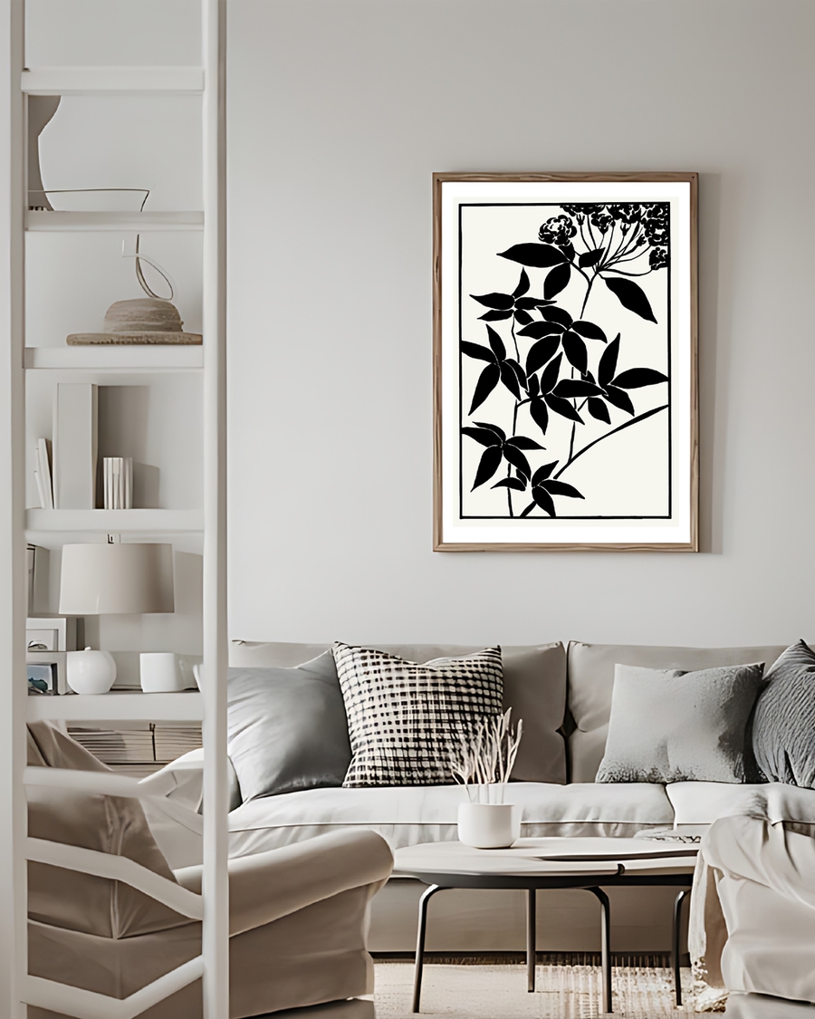 A poster of a black botanical silhouette artwork on ivory background.