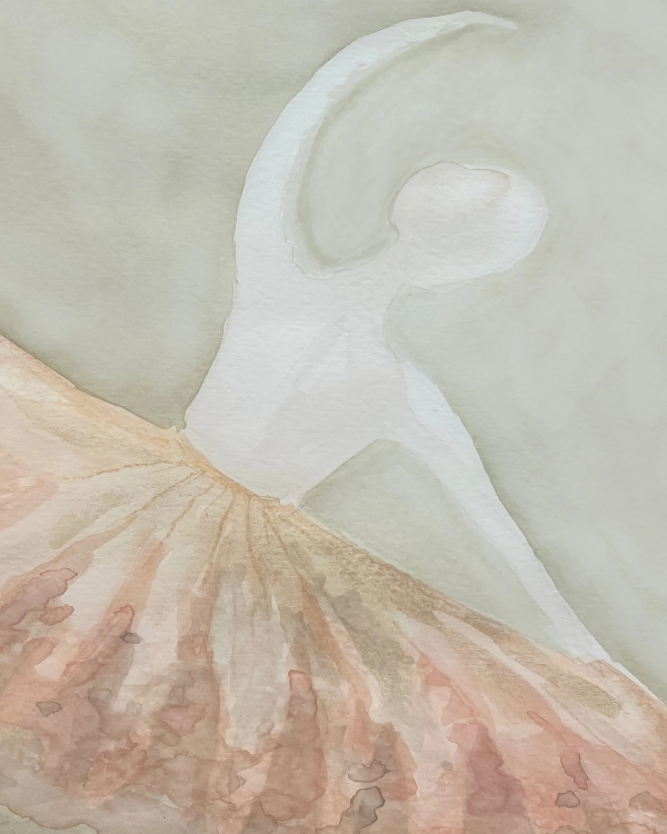 Watercolor dancer with a sweeping peach tulle skirt against a muted sage background