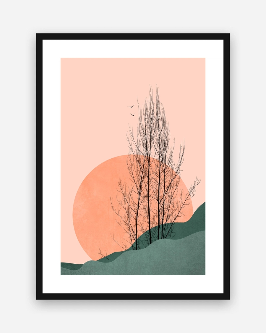Peach Sun Grove poster with a white border in a black frame