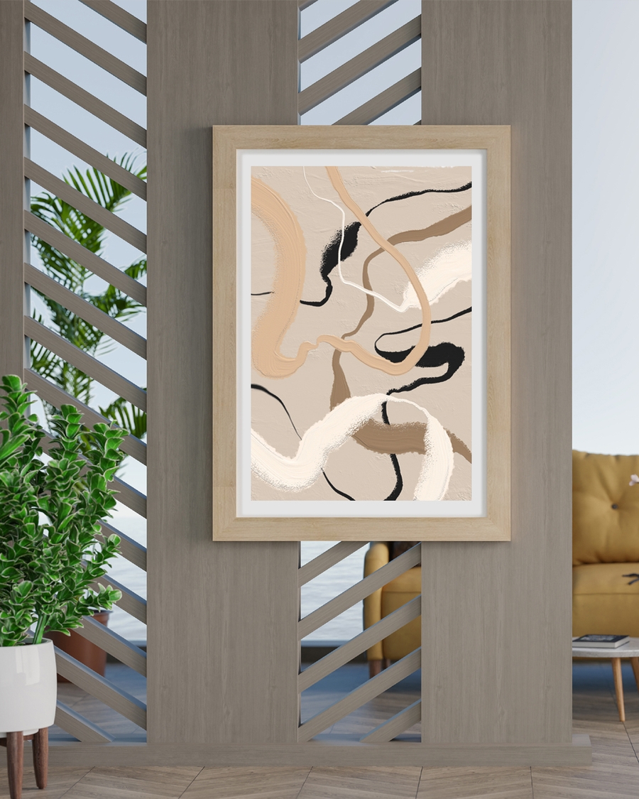 A poster of a abstract beige and black lines on textured background