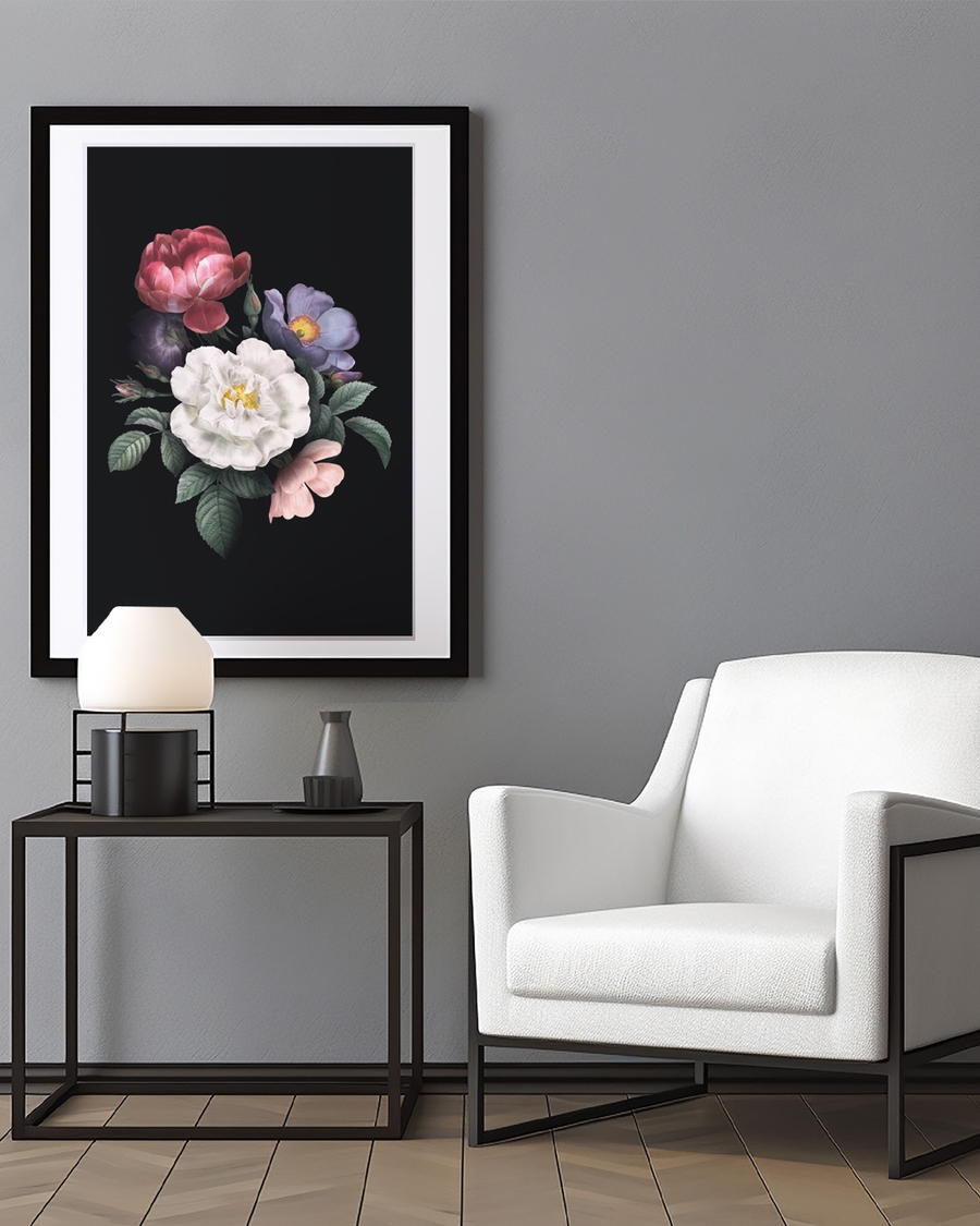 A poster of a Botanical flowers in rich colors on black