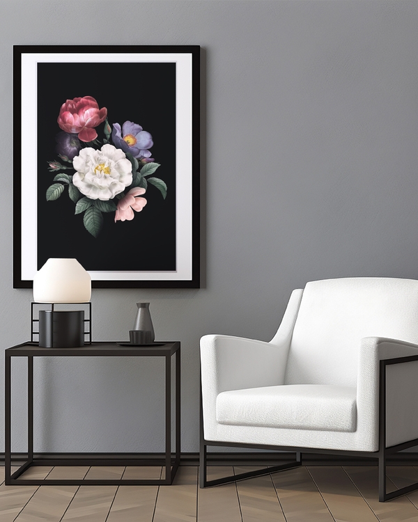 A poster of a Botanical flowers in rich colors on black
