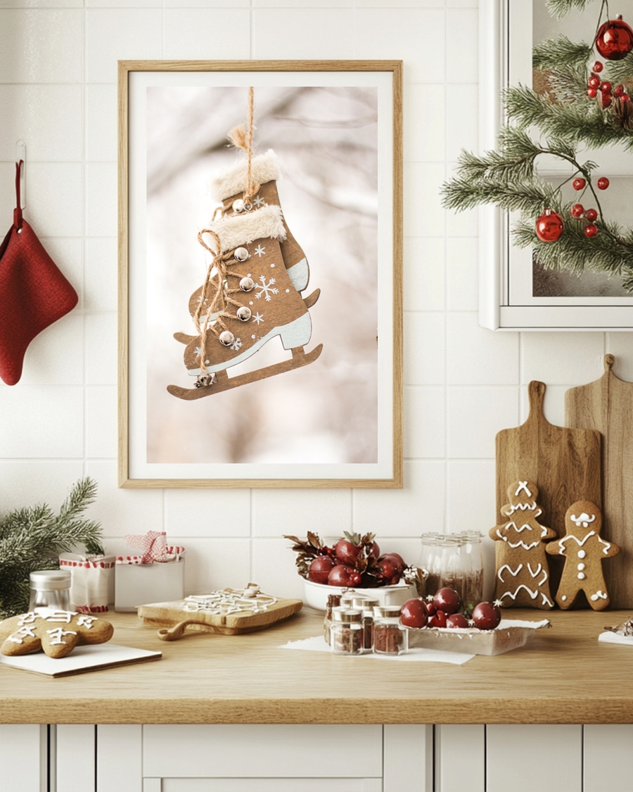 A poster of a rustic ice skate ornament with snowflake details