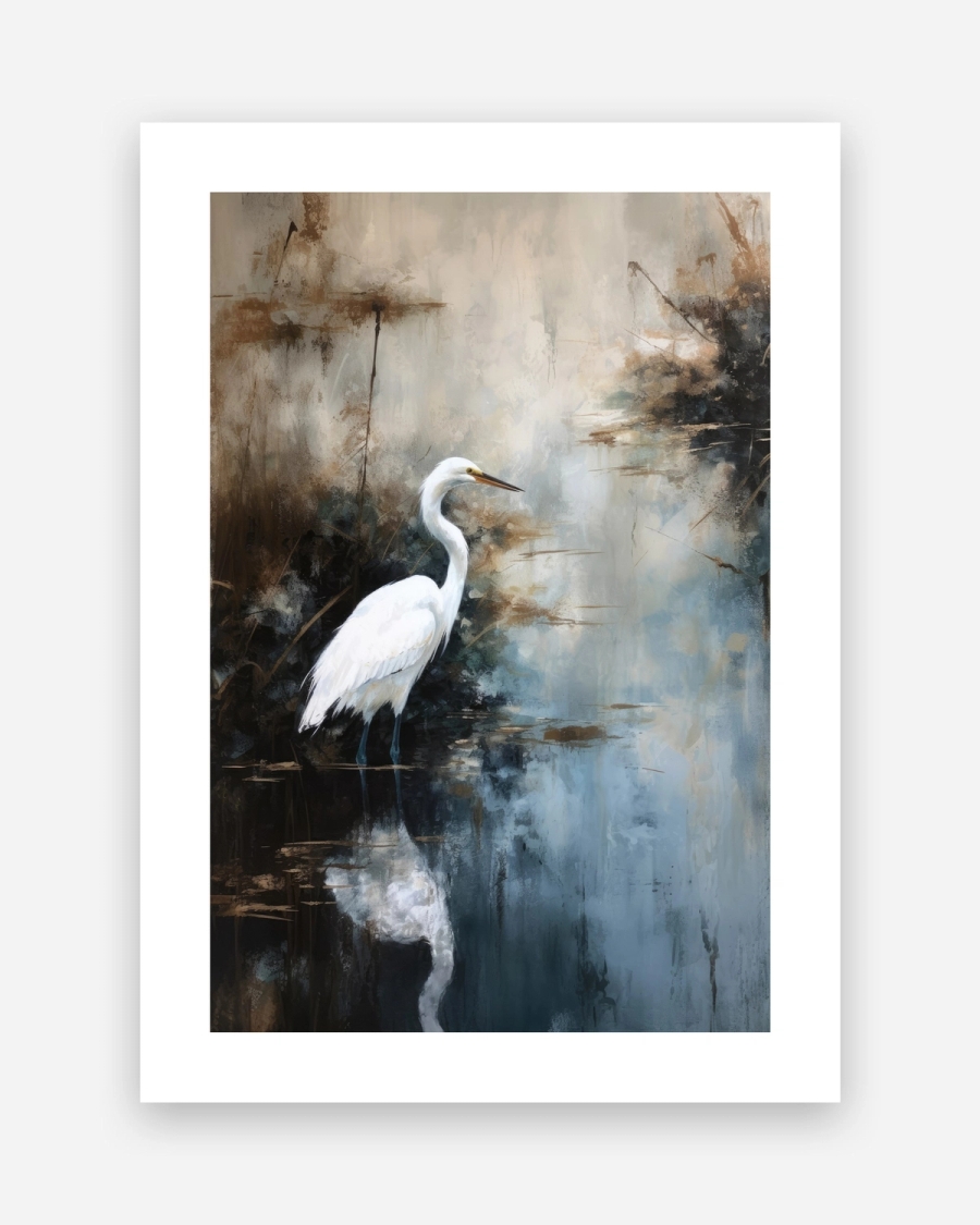 Egret in Mist poster with a white border, unframed on a light gray background