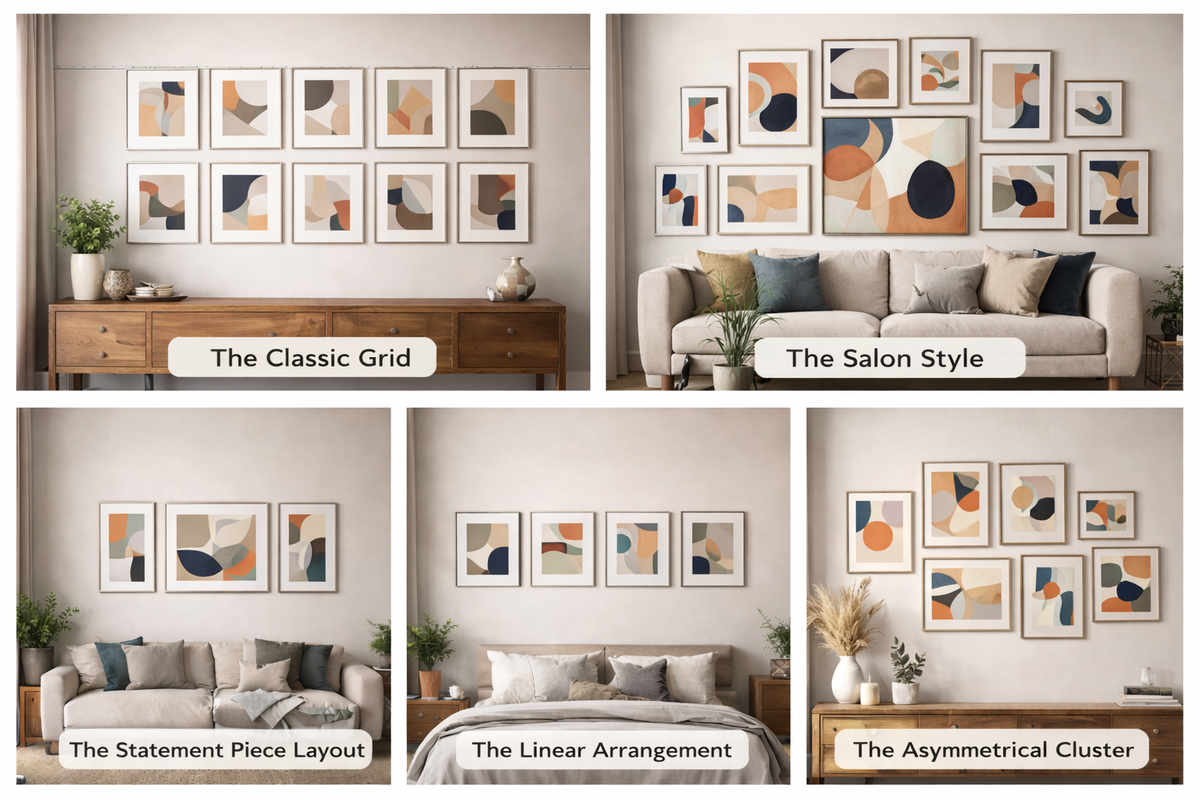 A collection of poster gallery wall layouts