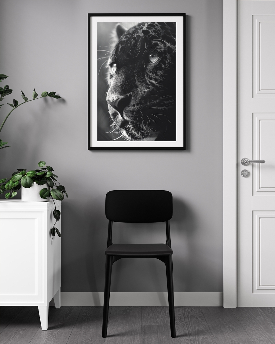 A poster of a Black and white leopard close up portrait