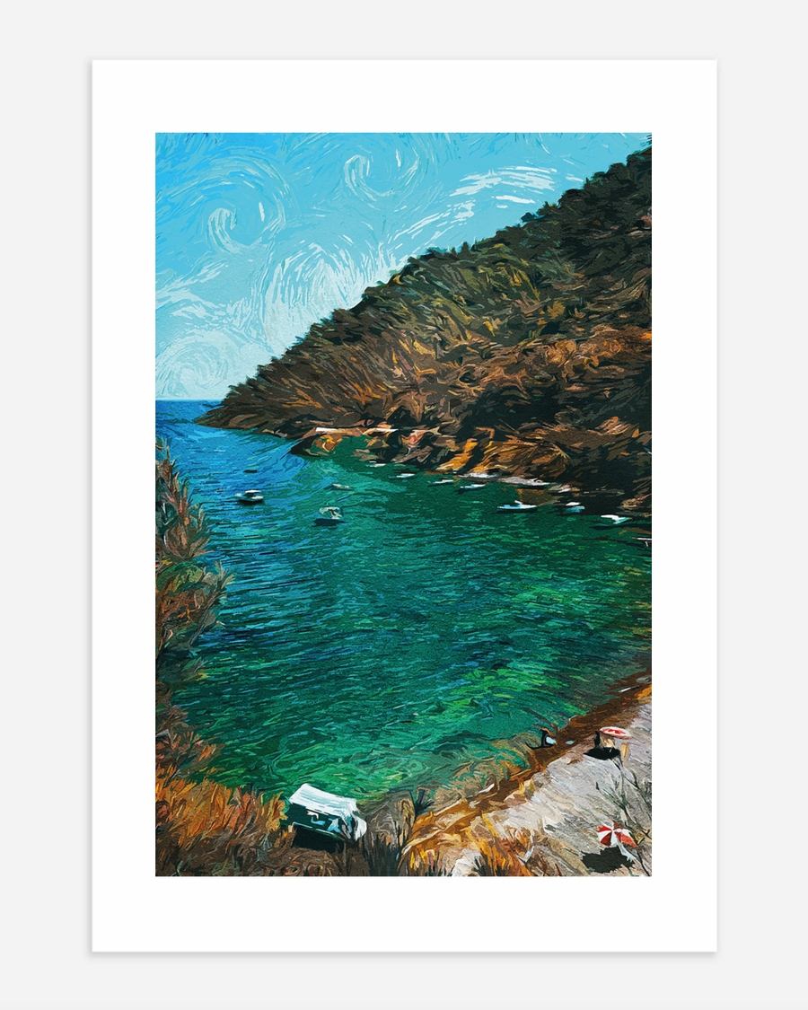 A poster of a Illustrated coastal bay with green water and cliffs