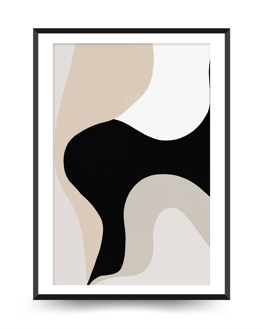 A poster of a Abstract black and beige flowing shapes on ivory background