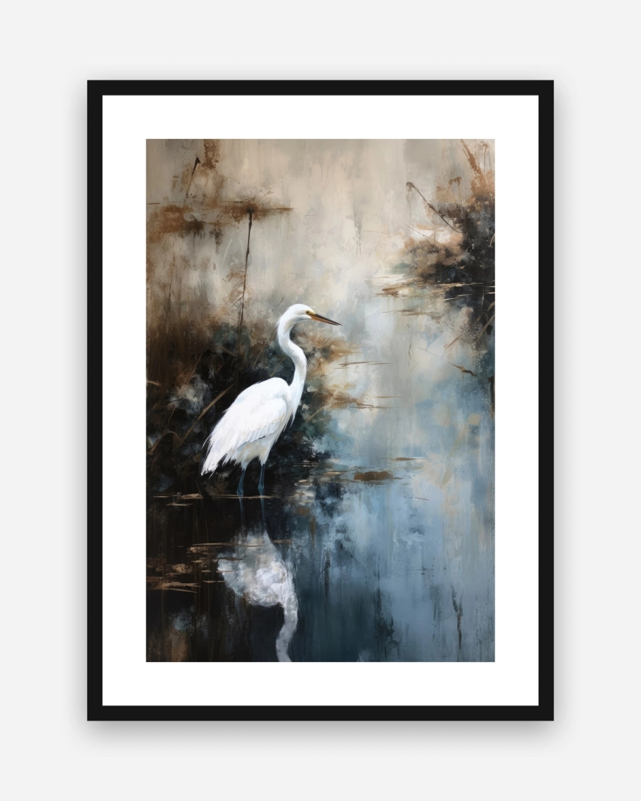 Egret in Mist poster with a white border in a black frame