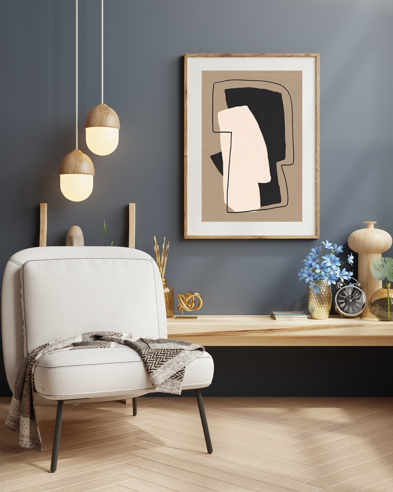 A poster of a Abstract beige and black block shapes outlined