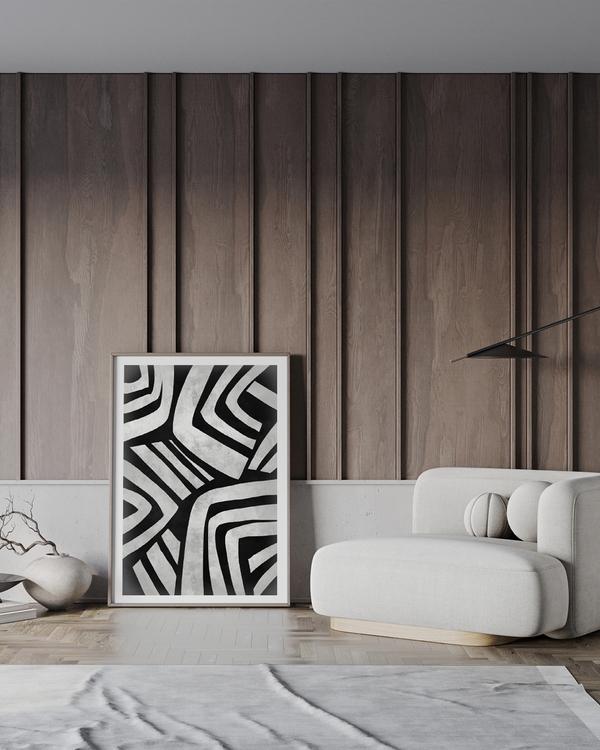 A poster of a Abstract monochrome lines forming layered geometric shapes
