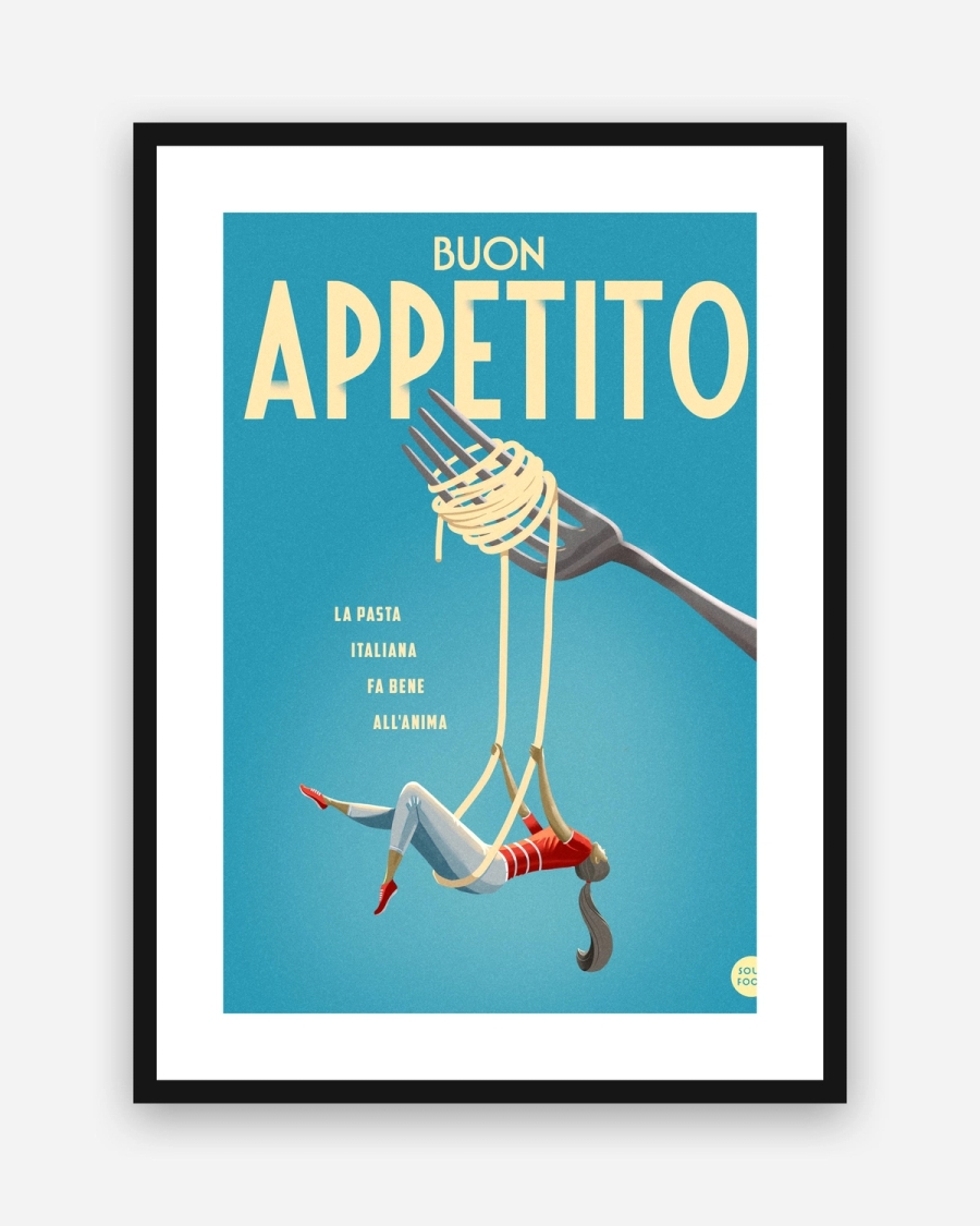 Pasta Swing poster with a white border in a black frame