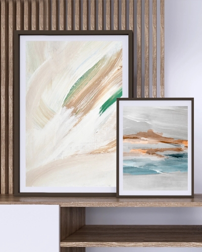 A poster of a Abstract beige and green brushstrokes on white