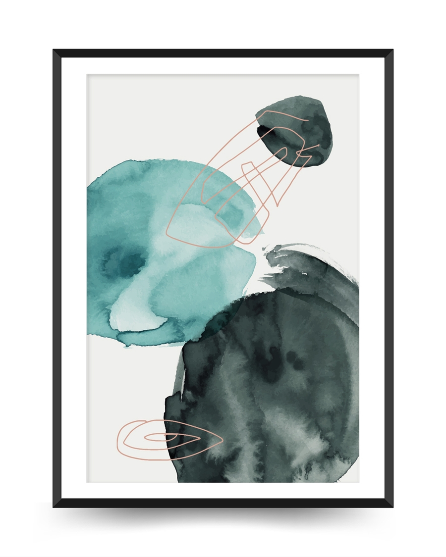 A poster of a Abstract teal watercolor shapes with warm lines