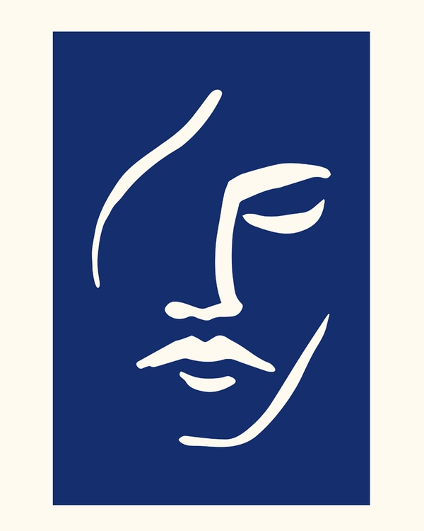 Light beige minimalist face outline on deep blue background.