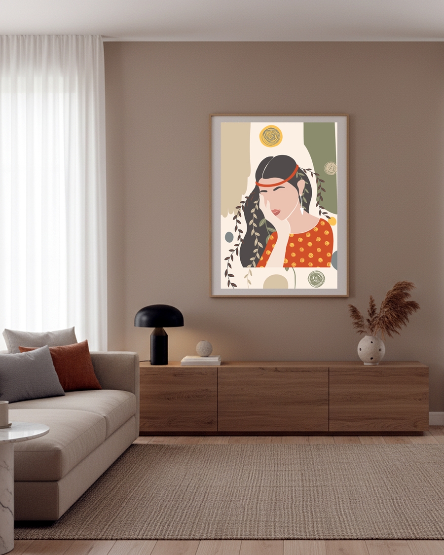 A poster of a Abstract boho woman with leaves and terracotta