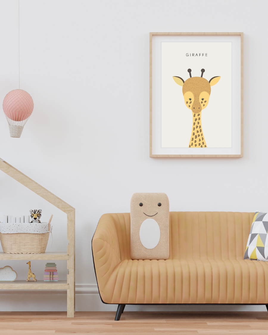 A poster of a Cute illustrated giraffe in soft warm colors