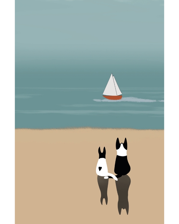 Illustrated cats standing by sea with small boat