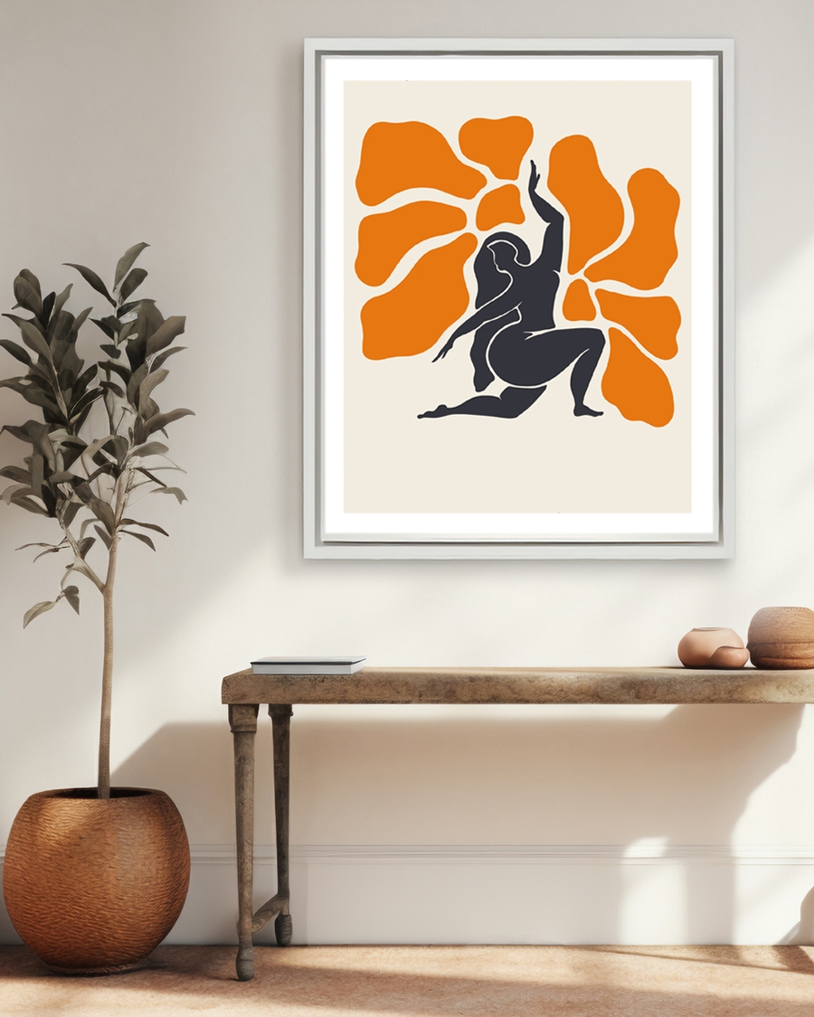 A poster of a black silhouette in dynamic pose with orange shapes