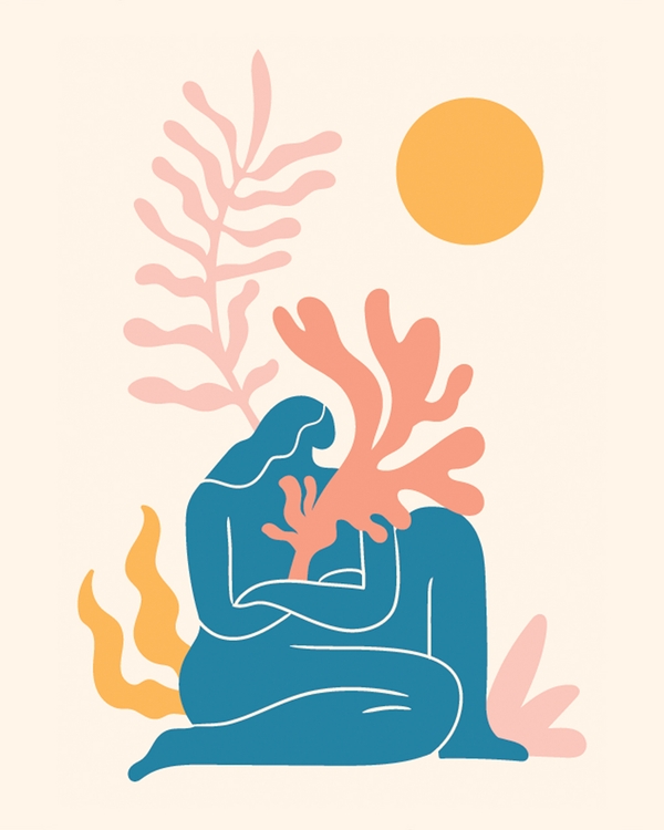 Abstract woman with nature shapes under the warm sun