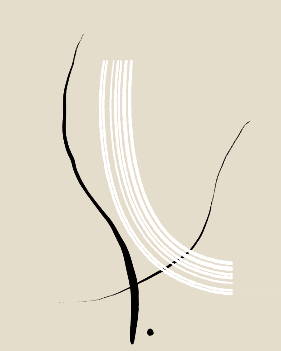 Abstract illustration with a black brushstroke and curved ivory lines on a warm beige background