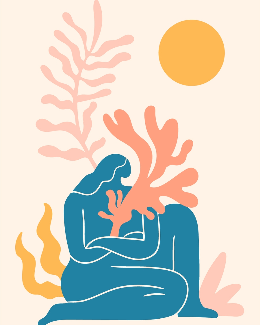 Abstract woman with nature shapes under the warm sun