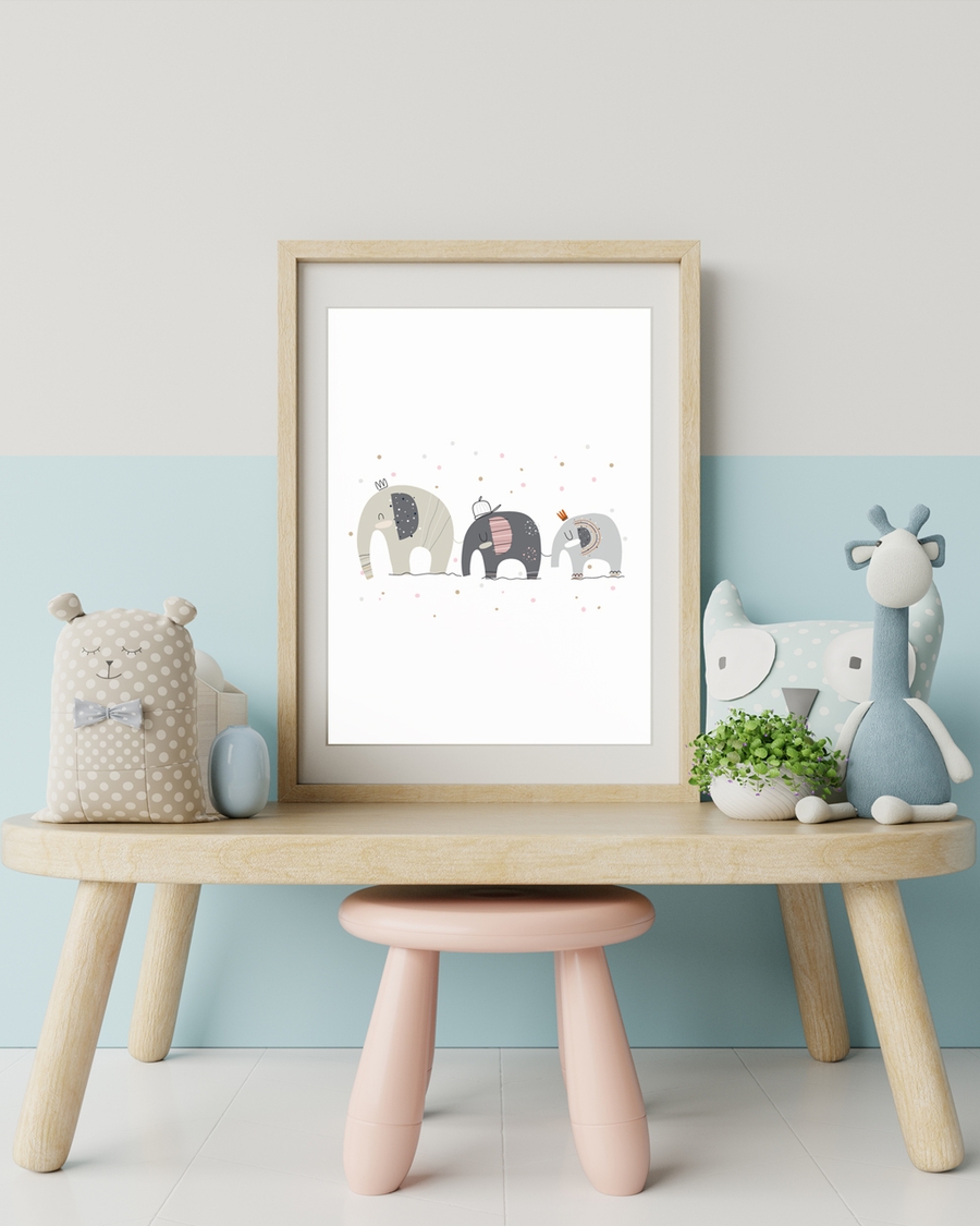 A poster of a Three cute illustrated elephants in soft pastel colors