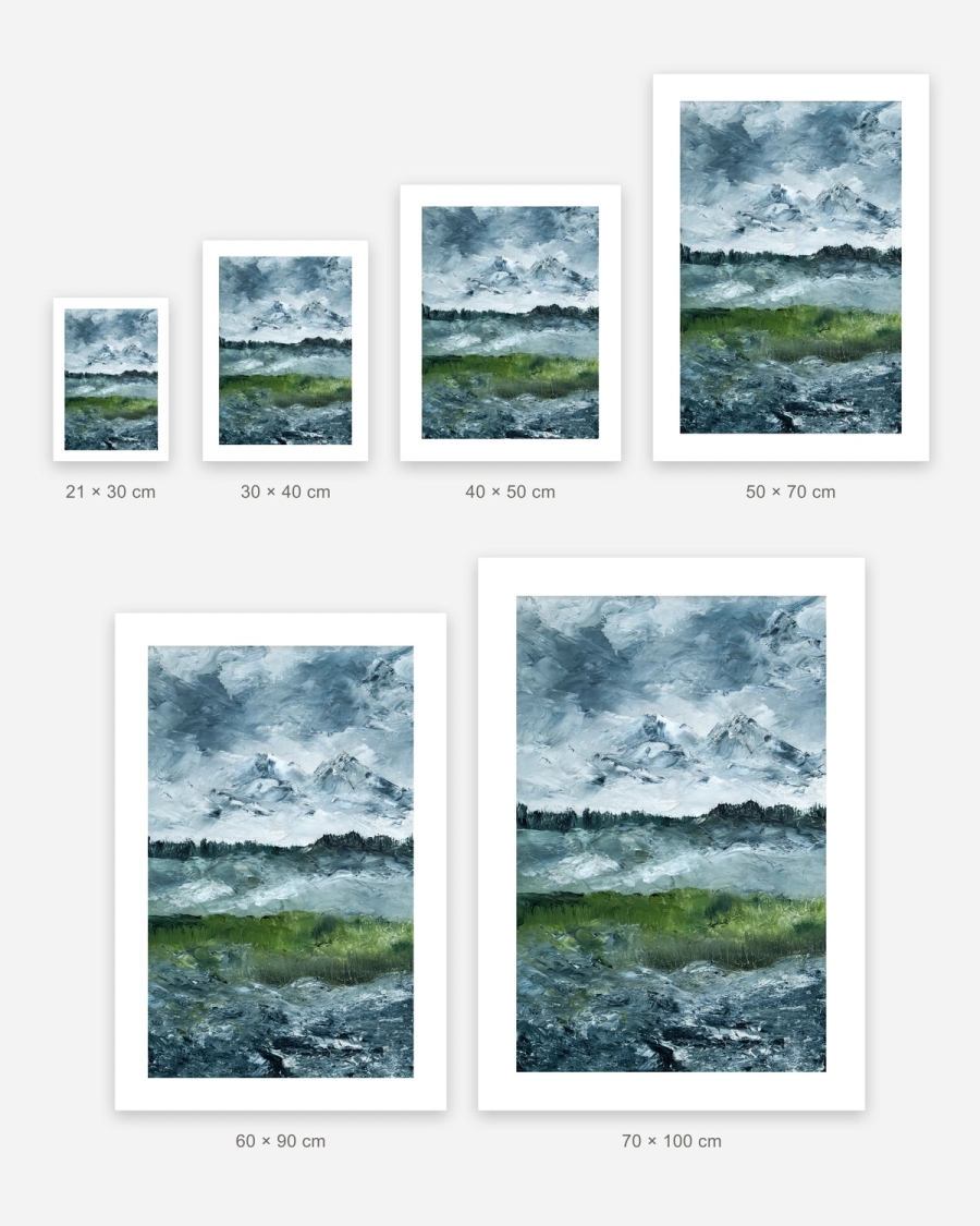 Peaks Beyond the Meadow poster in 6 sizes, shown to scale: 21 × 30, 30 × 40, 40 × 50, 50 × 70, 60 × 90 and 70 × 100 cm