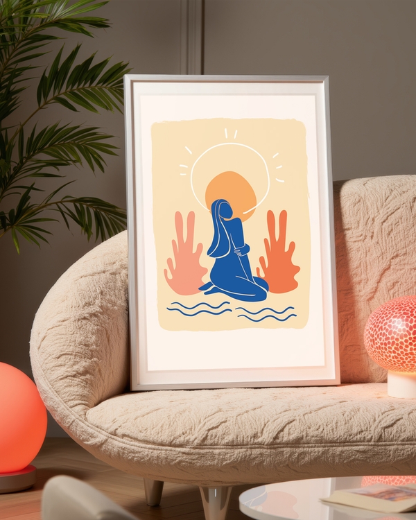A poster of a Abstract woman figure with sun and warm tones