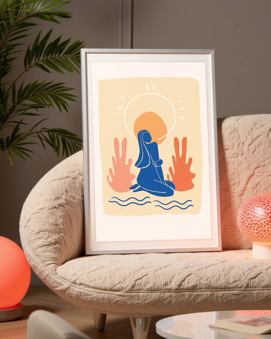 A poster of a Abstract woman figure with sun and warm tones