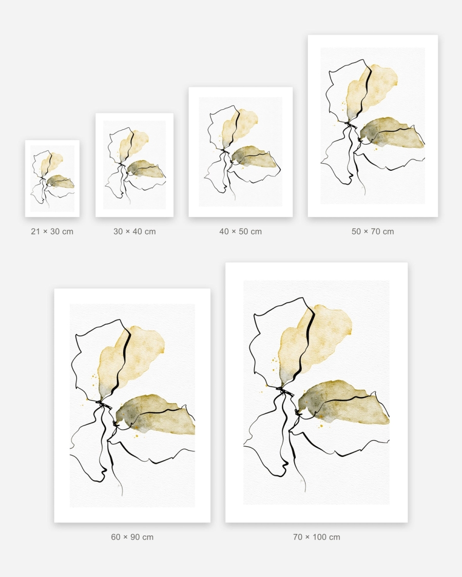 Ink and Ochre Bloom poster in 6 sizes, shown to scale: 21 × 30, 30 × 40, 40 × 50, 50 × 70, 60 × 90 and 70 × 100 cm