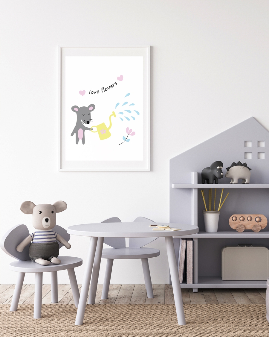 A poster of a Mouse illustration watering flowers with love text