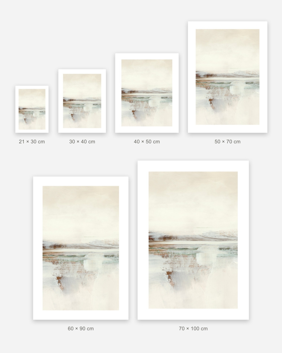 Rust Shoreline Haze poster in 6 sizes, shown to scale: 21 × 30, 30 × 40, 40 × 50, 50 × 70, 60 × 90 and 70 × 100 cm