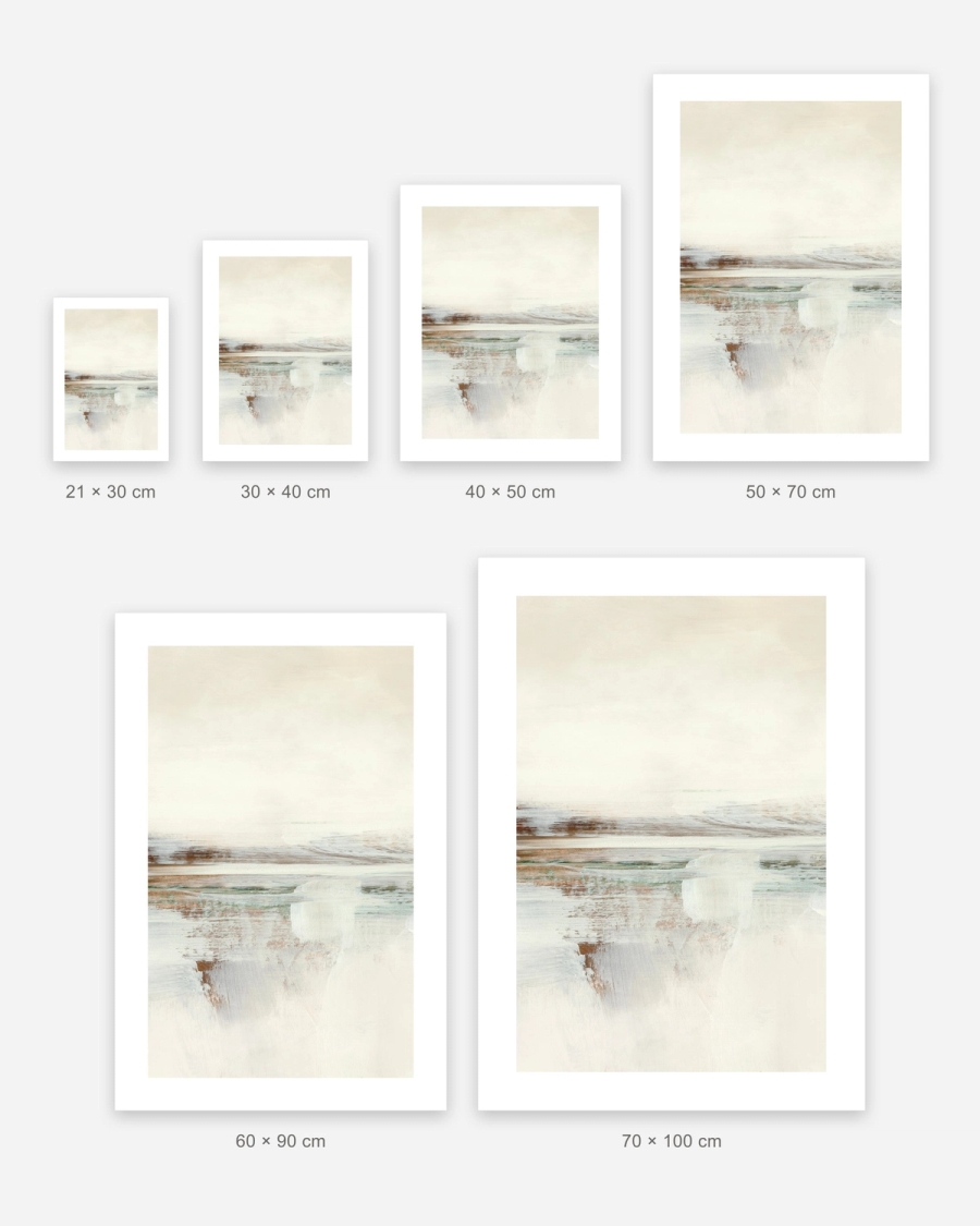 Rust Shoreline Haze poster in 6 sizes, shown to scale: 21 × 30, 30 × 40, 40 × 50, 50 × 70, 60 × 90 and 70 × 100 cm