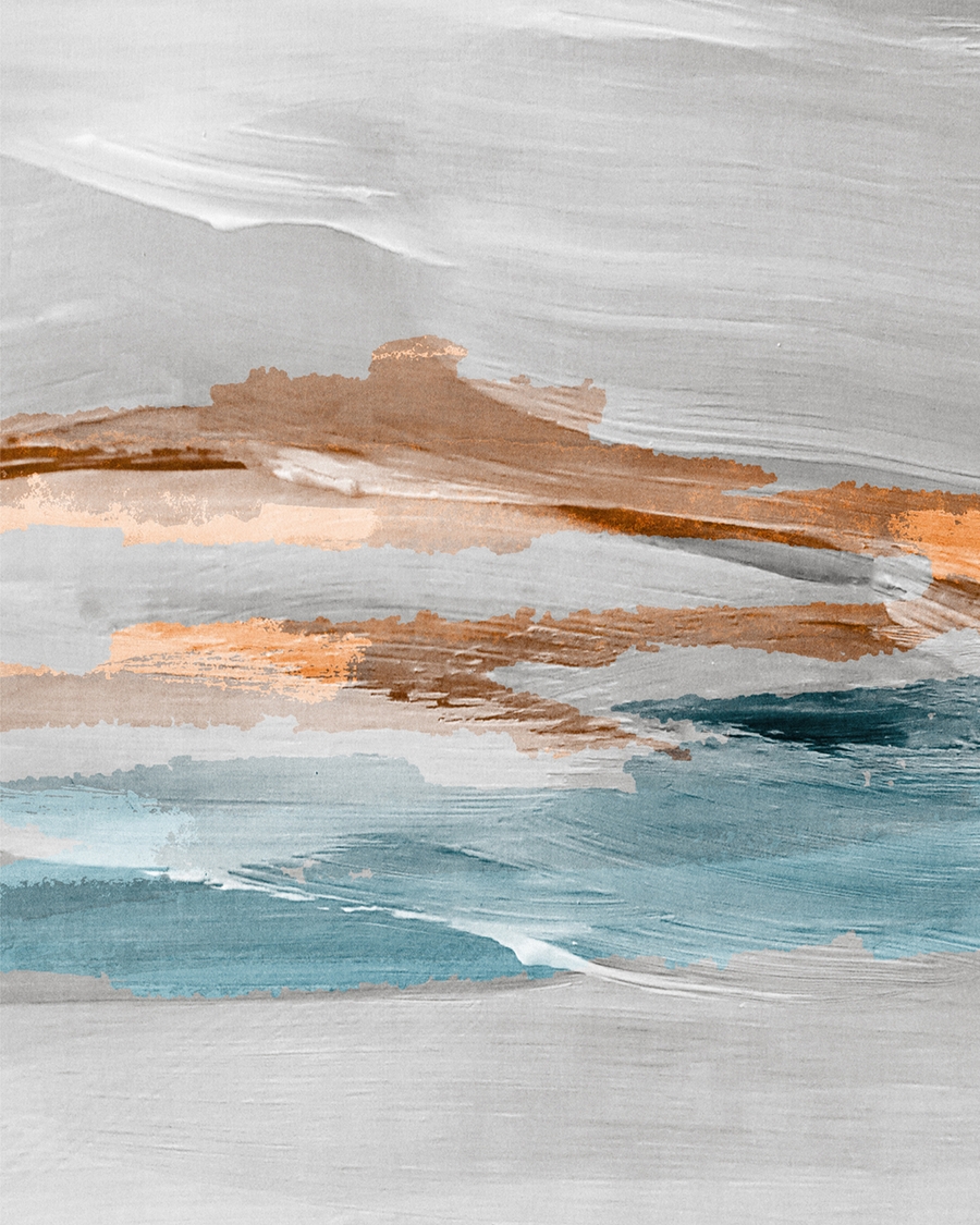 Abstract teal, copper, and gray strokes on white