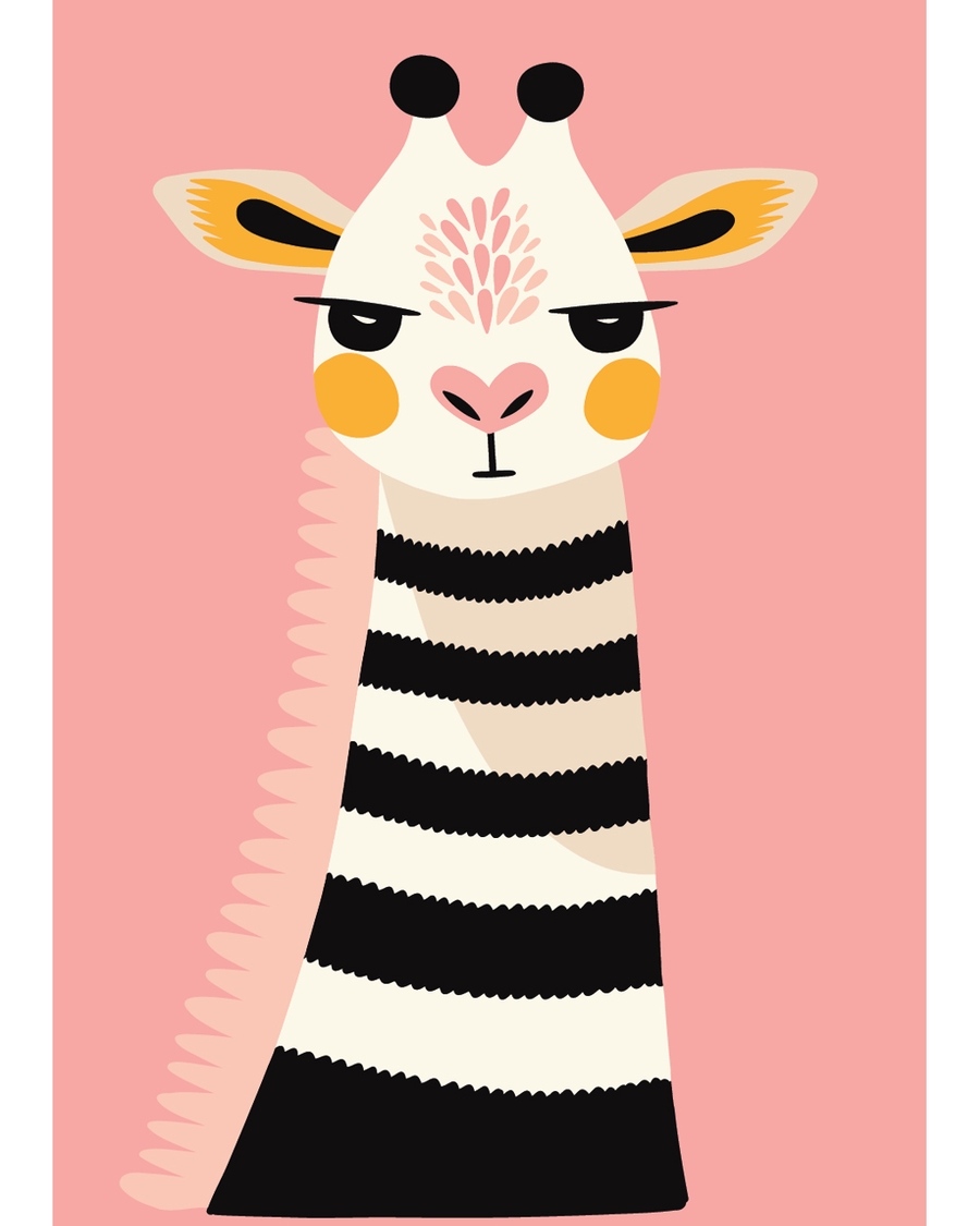Striped giraffe on soft pink background looking curious