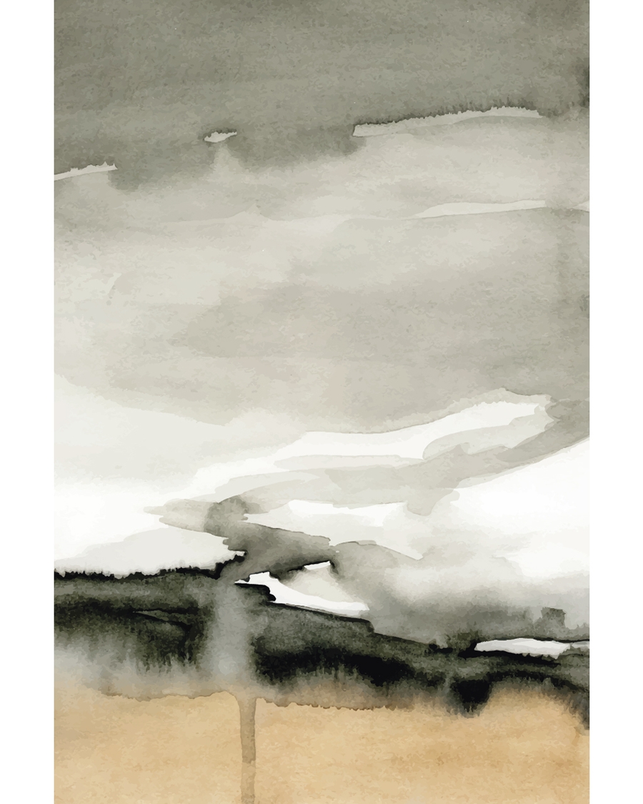 Abstract watercolor landscape with grey sky and sand