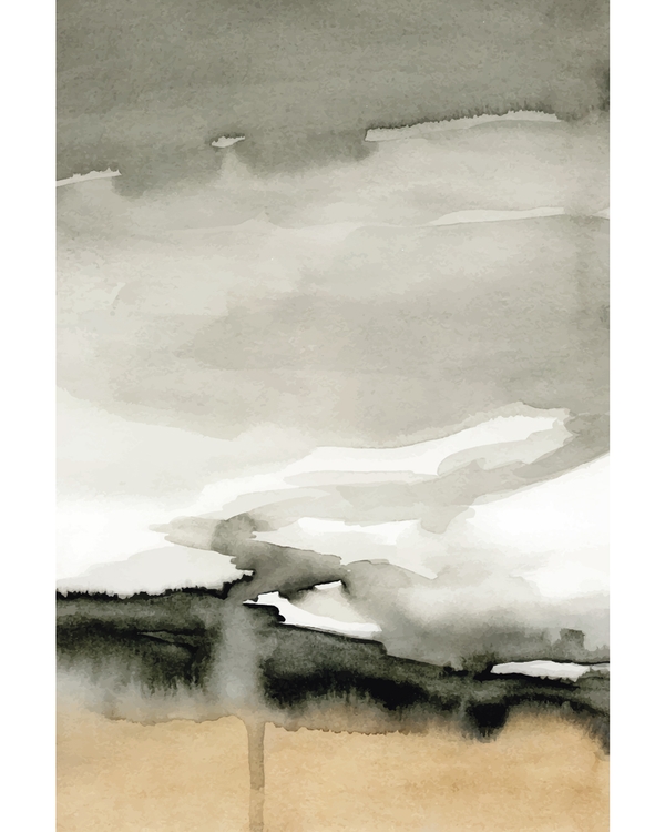 Abstract watercolor landscape with grey sky and sand