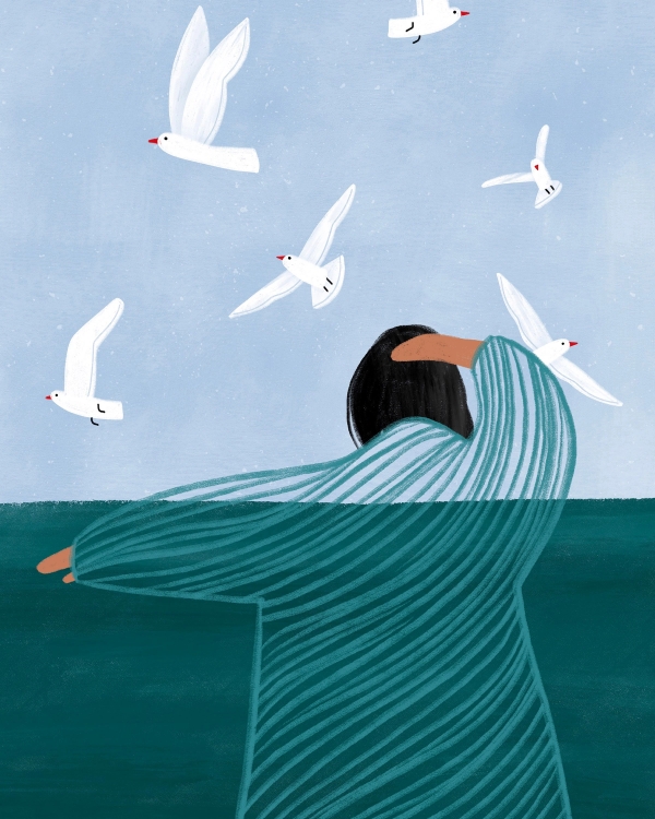 Illustration of a woman in a striped teal dress by a deep green sea with white gulls in a pale blue sky