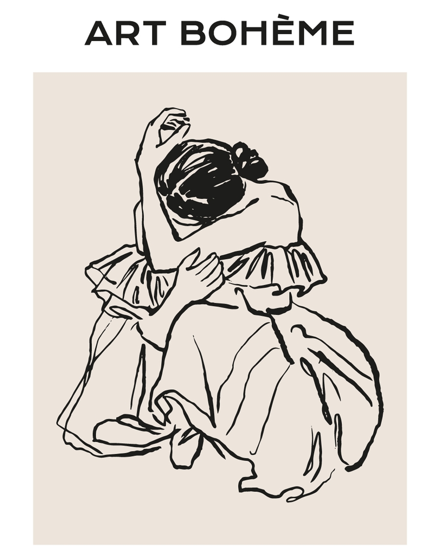 Minimal line drawing of seated figure on beige