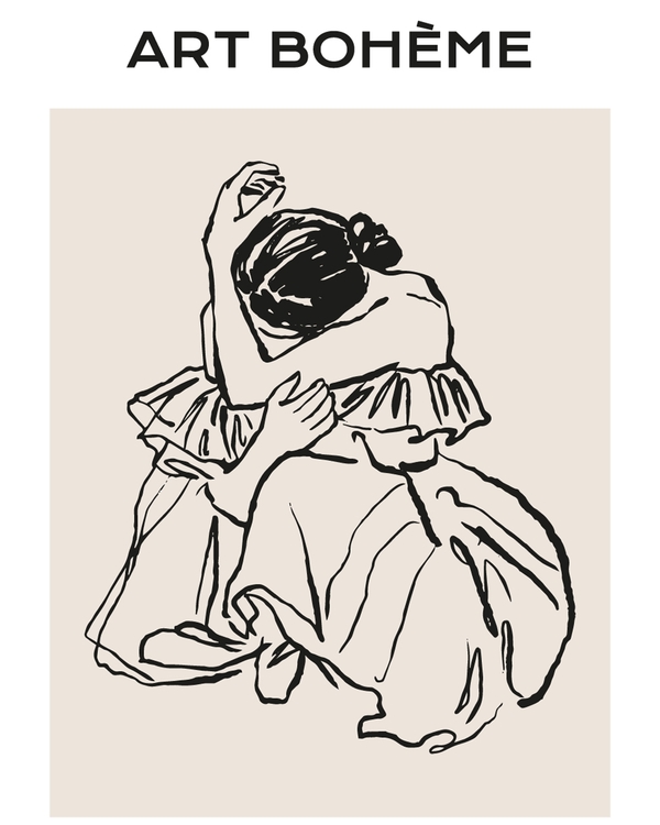 Minimal line drawing of seated figure on beige