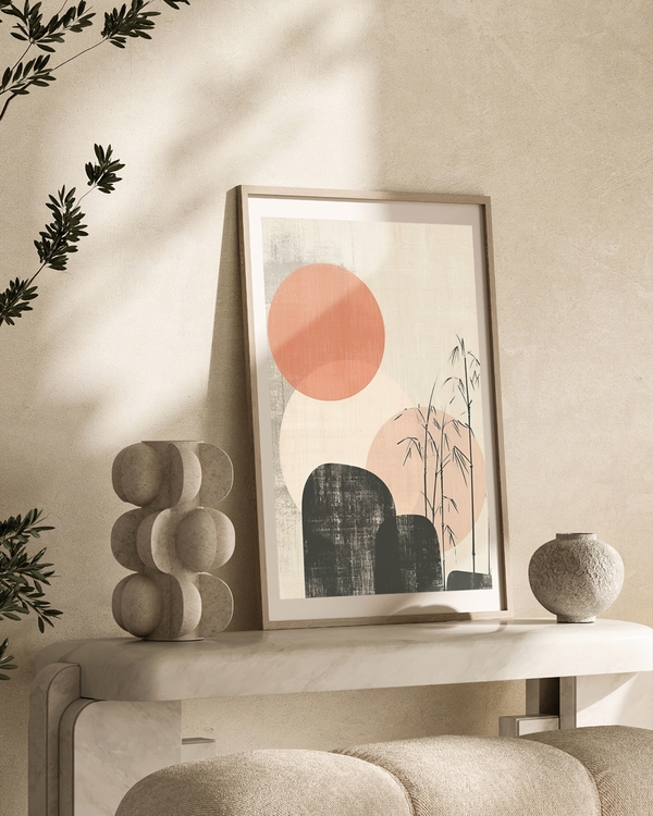 A poster of a Japandi abstract circles with stones and plants