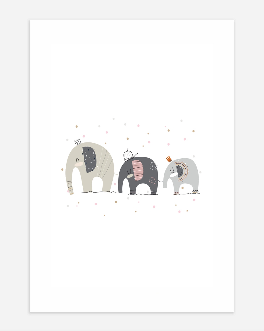 A poster of a Three cute illustrated elephants in soft pastel colors