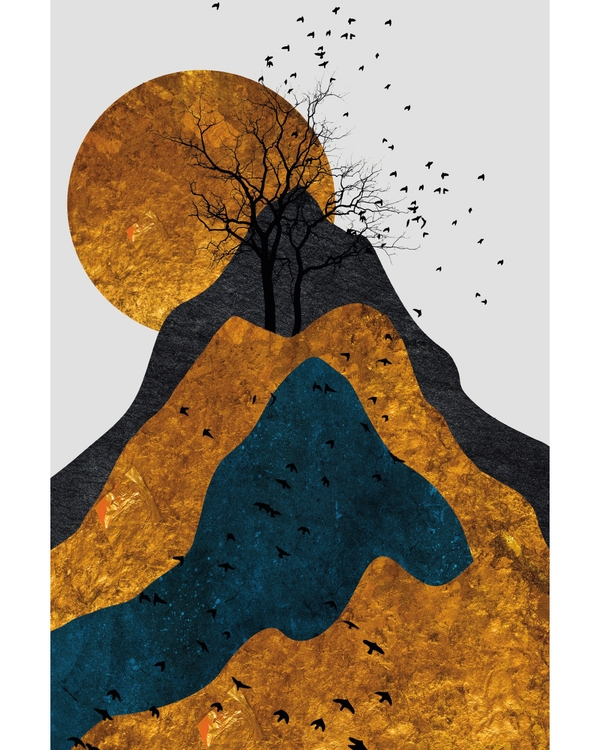 Japandi landscape art with sun tree and birds