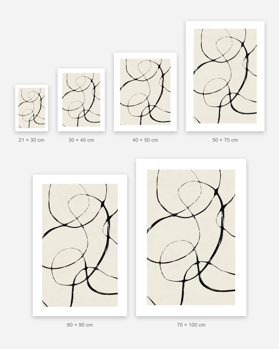 Ink Loops poster in 6 sizes, shown to scale: 21 × 30, 30 × 40, 40 × 50, 50 × 70, 60 × 90 and 70 × 100 cm