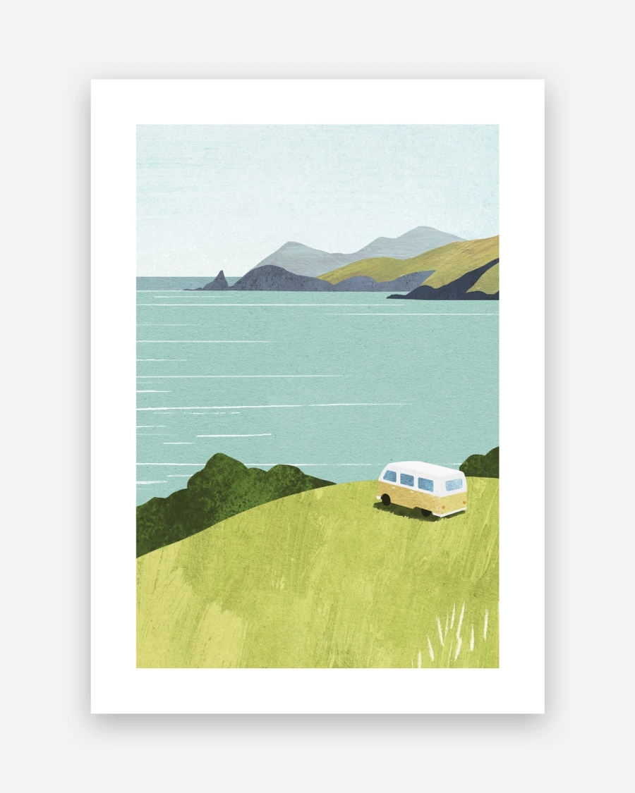 Camper by the Bay poster with a white border, unframed on a light gray background